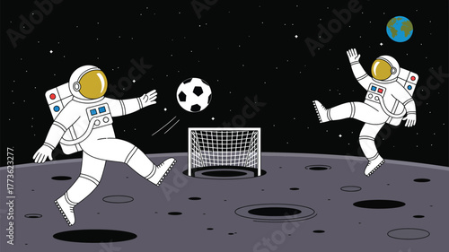 Two astronauts playing soccer on the moon with earth visible in the background of space scene