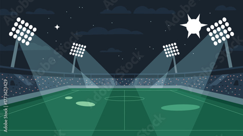 Illustration of a stadium at night with bright spotlights and a green field under a starry sky