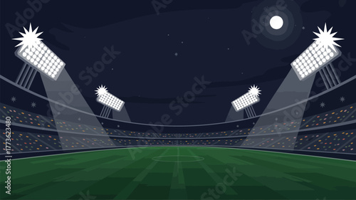 An illustration of a stadium at night with bright lights shining on the green field and dark sky above