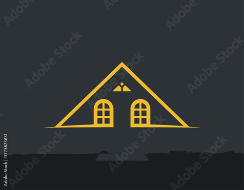 This image presents a minimalist logo design depicting a house with an A-frame roof, symbolizing home, security, and modern architectural aesthetics.