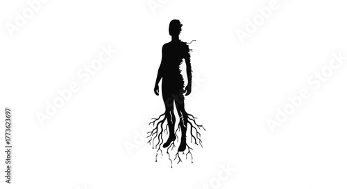 Silhouette of a person with roots extending from their feet, symbolizing connection to nature and growth.