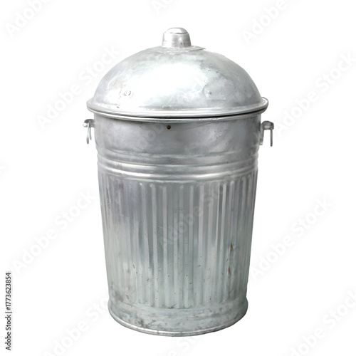 A vintage galvanized metal trash can with a domed lid and handles, isolated on a transparent background, evoking a sense of nostalgia and classic design