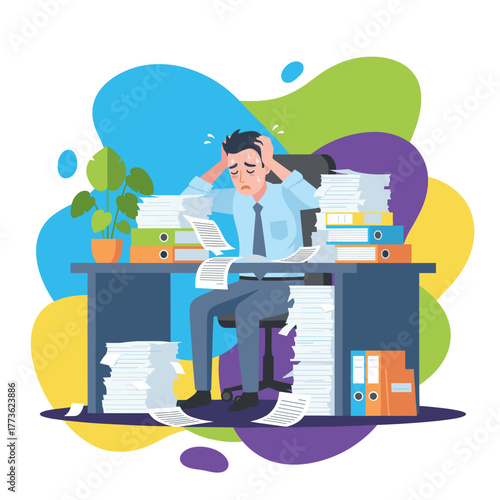 Stressed businessman overwhelmed by paperwork and deadlines experiencing burnout in office