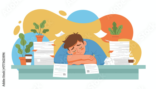 Overworked employee resting on a desk piled high with documents illustrating burnout and stress