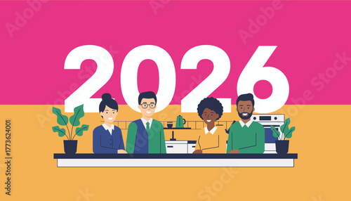 Diverse business team beneath 2026 milestone symbolizing future goals success and planning