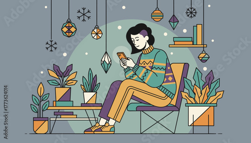 Illustrated person texting on a phone in a cozy decorated winter room with plants