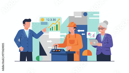 Business team and factory worker collaborate on data analysis for industrial optimization