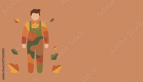 Stylized man in autumn camouflage overalls with fall leaves Seasonal concept copy space