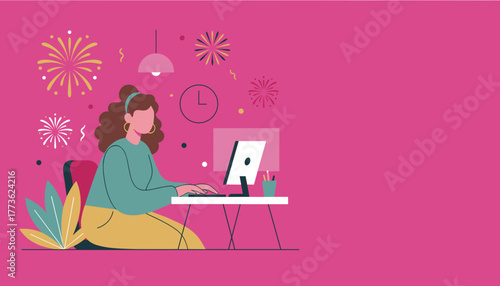Woman working on PC in a stylized modern office with festive fireworks on a bright pink background