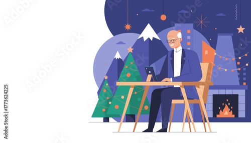 Smiling senior businessman using tablet by cozy fireplace during winter holidays
