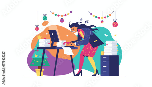 Stressed businesswoman typing furiously buried in paperwork during the busy Christmas season