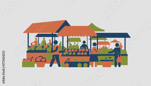 A bustling market scene with vendor stalls colorful produce and lively customers all illustrated in an immersive layered composition.