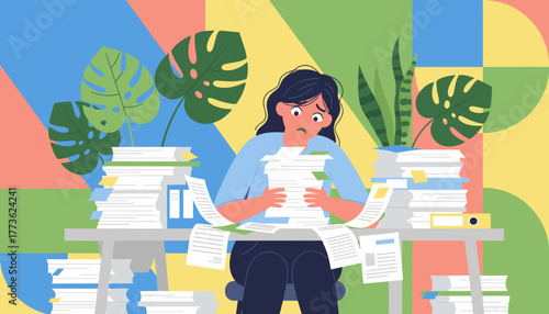 Overwhelmed worker dealing with immense paper clutter and office stress Burnout illustration