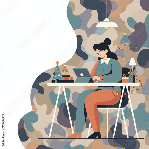 Woman working remotely on a laptop at a holidaydecorated desk with ample copy space