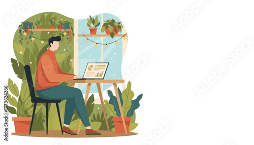 Man working remotely on a laptop in a comfortable plantfilled home office environment
