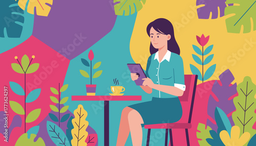 Businesswoman using tablet and drinking coffee in a colorful vibrant cafe garden Remote work concept