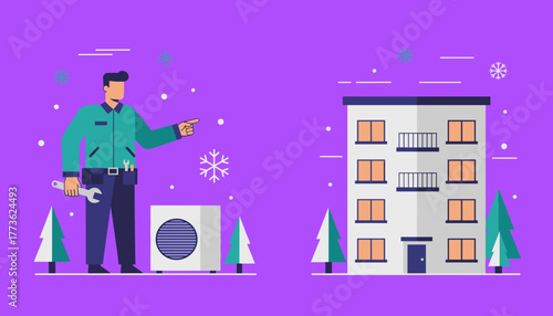 HVAC technician servicing apartment AC unit in winter Maintenance repair and installation concept