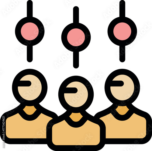 Team management icon showing three employees with settings sliders above them, symbolizing control and adjustments in personnel management