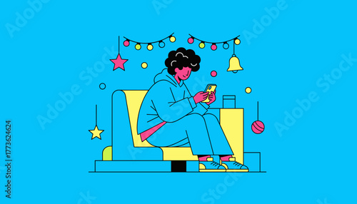 Young person texting on a smartphone while relaxing amidst festive holiday decorations