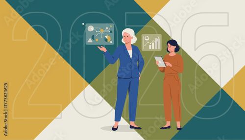 Business team analyzing 2025 strategy using futuristic data visualization and digital technology