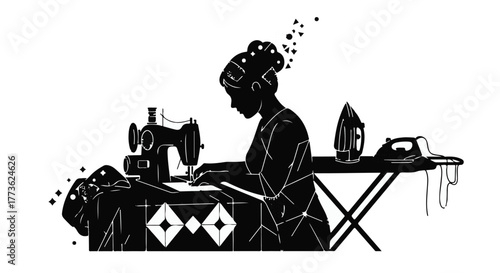 Skilled artisan focused on intricate detail while sewing at a vintage machine, surrounded by textile and ironing tools.