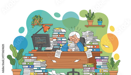 Overwhelmed worker buried under endless paperwork and files at a messy office desk