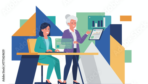 Businesswomen collaborating on data analysis in office meeting illustration