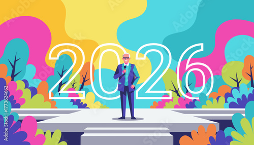 Speaker presenting 2026 on a stage with vibrant abstract nature background