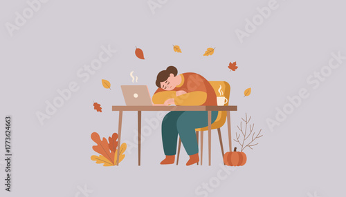 Seasonal fatigue Woman sleeping at her desk in cozy autumn setting with laptop and pumpkin