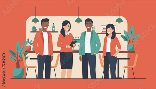 Diverse professional team collaborating happily in a modern office breakroom or cafe setting