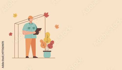 Engineer in hardhat reviewing plans at construction site autumn setting copy space