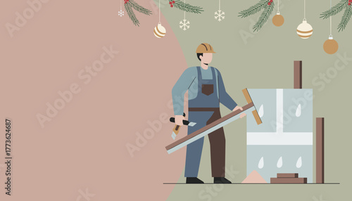 Construction worker preparing building site during festive Christmas holidays