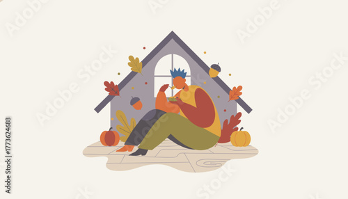 Cozy flat illustration of person eating warm meal inside home surrounded by autumn leaves and pumpkins