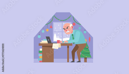 Angry businessman working through Christmas holidays at his desk while snow falls outside