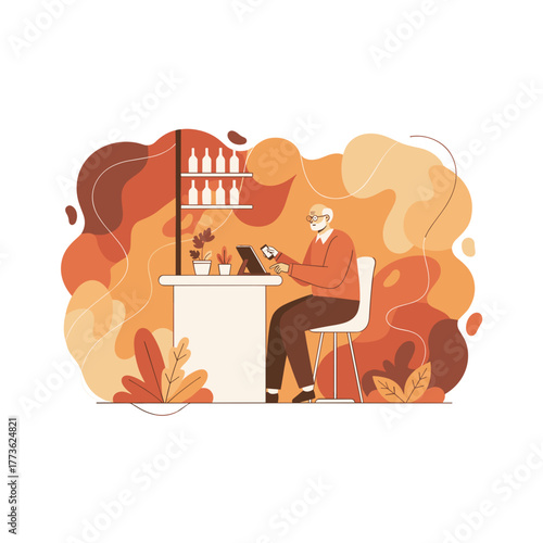 Senior man uses tablet and phone at a counter Modern retirement digital lifestyle and communication