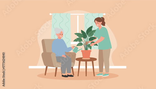 Caregiver assists senior woman with plant care at home promoting health and companionship