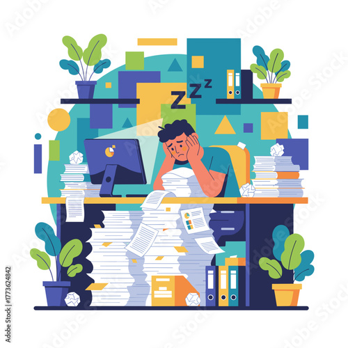 Stressed worker overwhelmed by endless paperwork and heavy workload Burnout concept