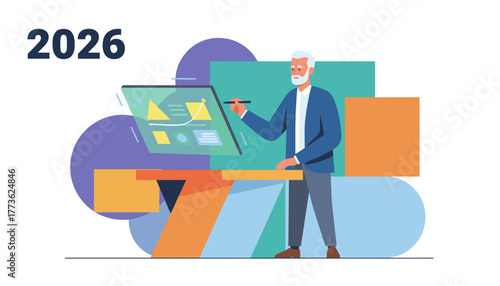 2026 business planning Senior executive analyzing future data on a holographic display