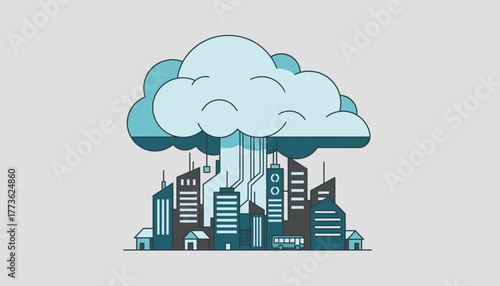 A giant cloud merging with a city skyline representing the integration of cloud services into urban infrastructure and daily life.