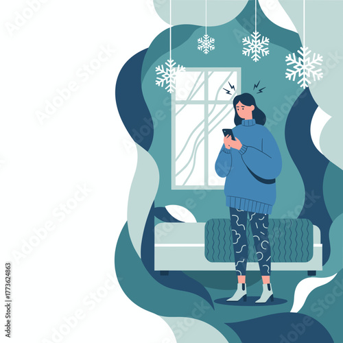 Stressed woman checking phone indoors during a cold winter storm Vector illustration background