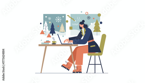 Remote work concept Woman using laptop at desk with winter scene background