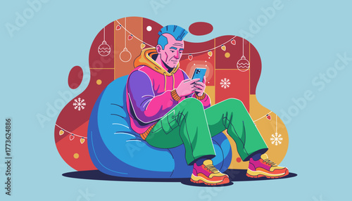Colorful vector illustration of a man using a smartphone while relaxing on a bean bag chair during the holidays