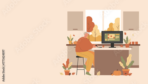 Man playing video games at home during autumn surrounded by fall decorations Leisure and comfort concept