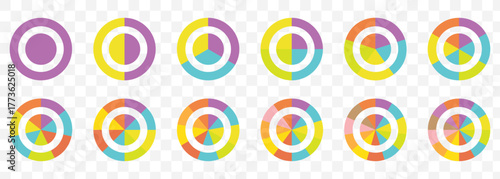 Color Wheel and Pie Graph Vector Set – Data Visualization Symbols. Pie chart color icons. 1,2,3,4,5,6,7,8,9,10 segment infographic. Circle section graph on Transparent Background. EPS 10.