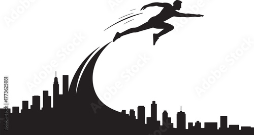 Athlete's Skyline Leap: Energetic Runner Jumping Over Urban Cityscape Theme