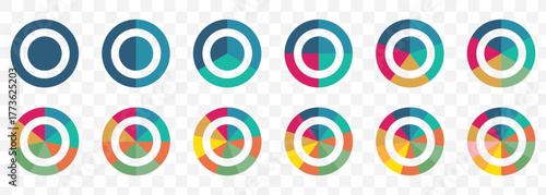 Color Wheel and Pie Graph Vector Set – Data Visualization Symbols. Pie chart color icons. 1,2,3,4,5,6,7,8,9,10 segment infographic. Circle section graph on Transparent Background. EPS 10.