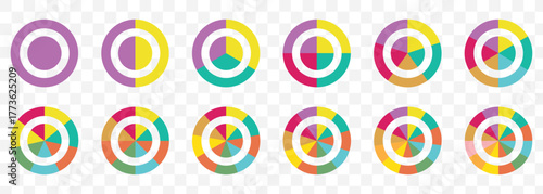 Color Wheel and Pie Graph Vector Set – Data Visualization Symbols. Pie chart color icons. 1,2,3,4,5,6,7,8,9,10 segment infographic. Circle section graph on Transparent Background. EPS 10.