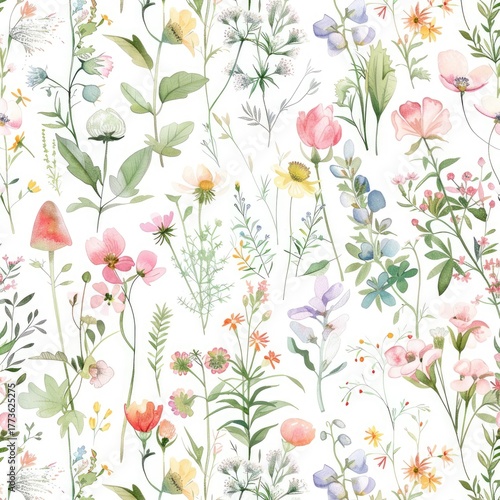 Watercolor flowers seamless pattern. Isolated botanical design. For textiles