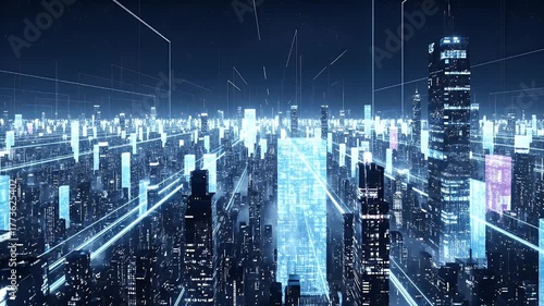 Wallpaper Mural Flying Above Digital Cityscape at Night with Glowing Data Streams Torontodigital.ca