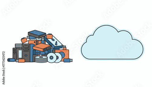 A visual comparison of traditional storage devices piling up against a light airy cloud representing limitless cloud storage capacity.